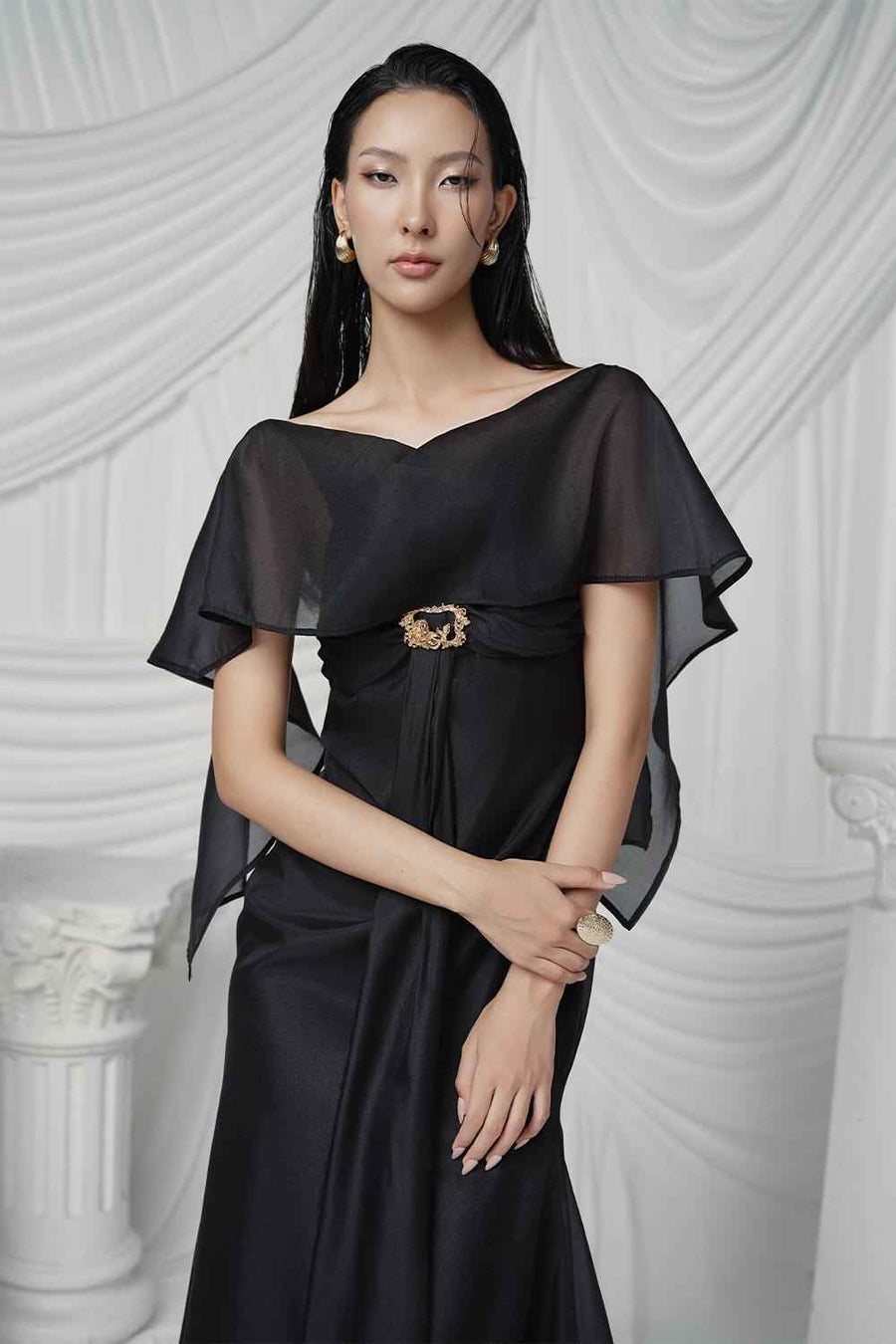 Hades A-line V-Neck Silk Ankle Length Dress Black Maxi Dress LaLING