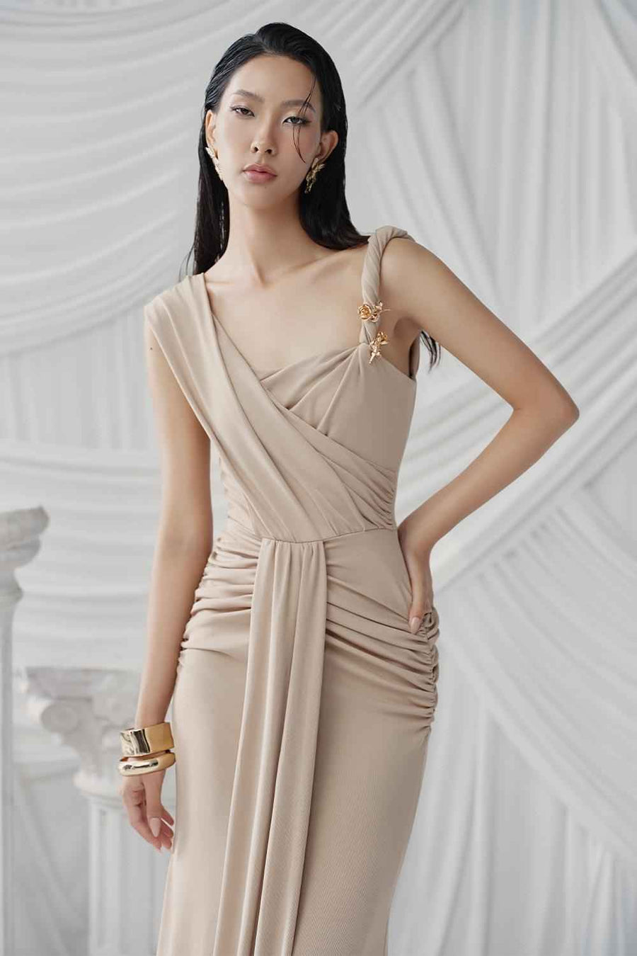 Majorie Sarong Twisted Spandex Ankle Length Dress Light Brown Maxi Dress LaLING