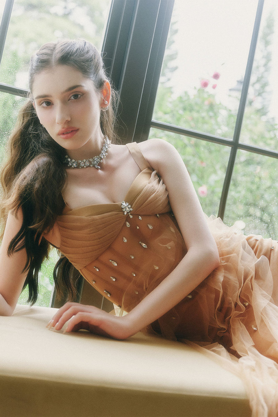 Marigold Gored Ruffle Layer Tulle Floor Length Dress Maxi Dress LINH PHUNG