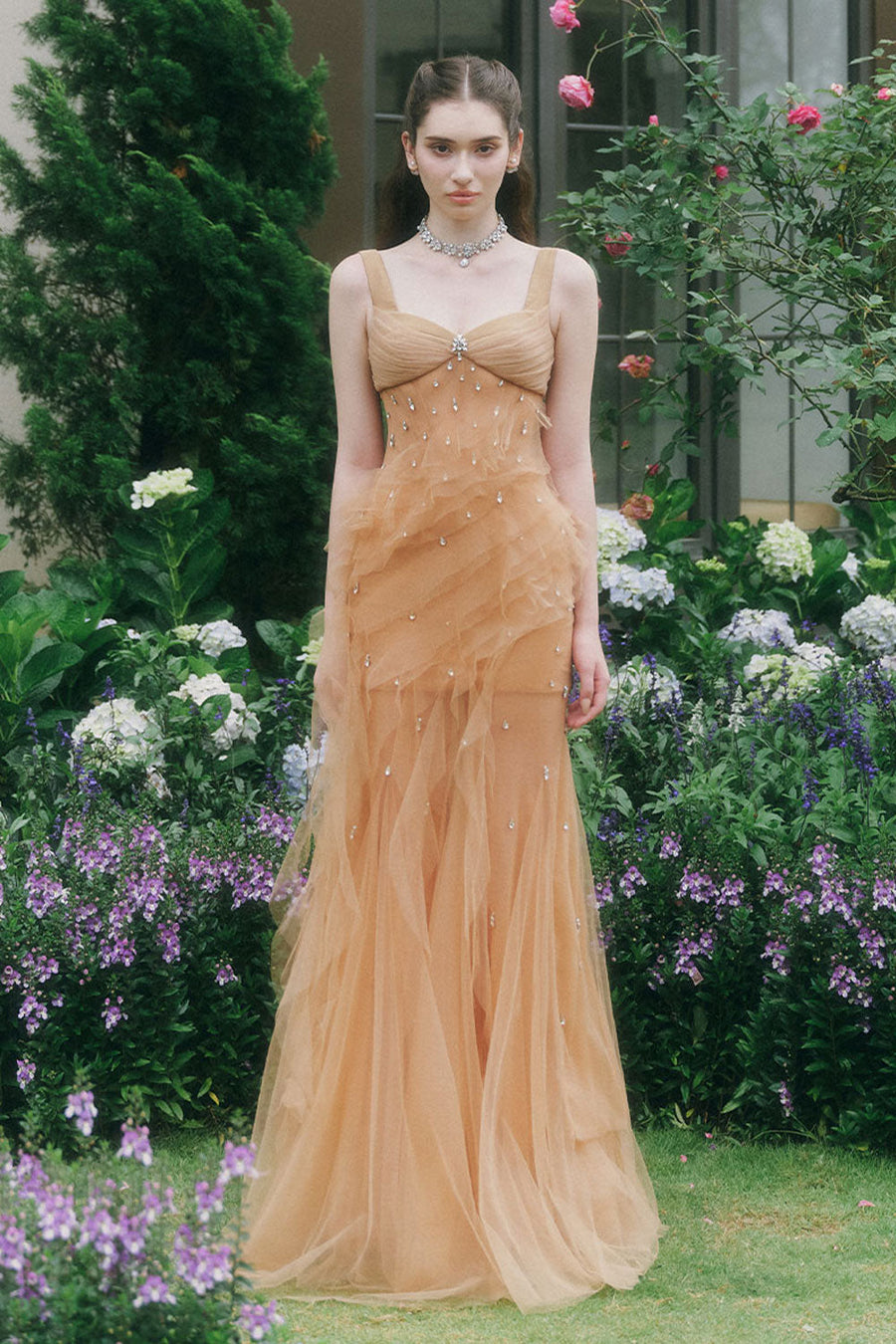 Marigold Gored Ruffle Layer Tulle Floor Length Dress Maxi Dress LINH PHUNG