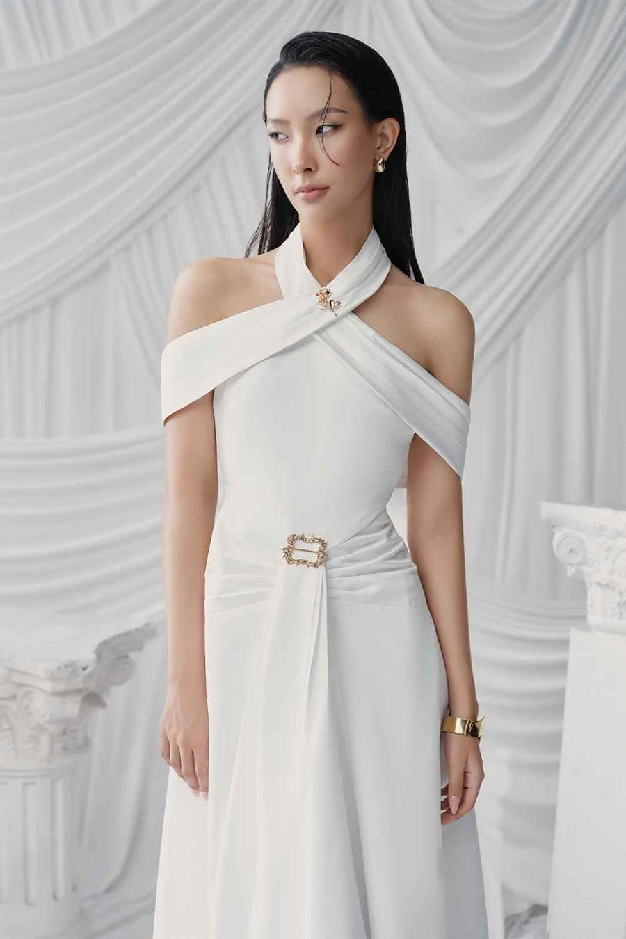 Memphis A-line Halter Neck Taffeta Floor Length Dress White Maxi Dress LaLING