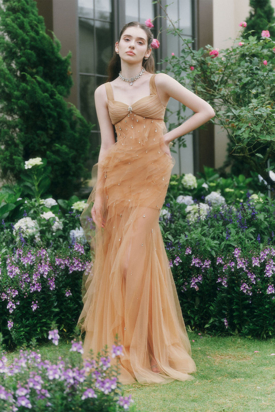 Marigold Gored Ruffle Layer Tulle Floor Length Dress Maxi Dress LINH PHUNG
