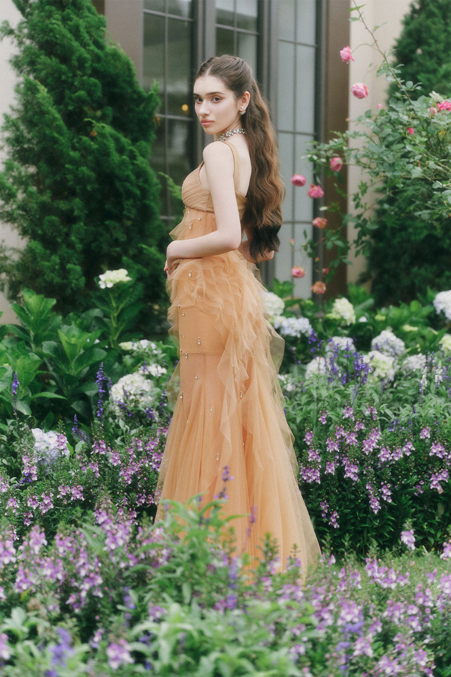 Marigold Gored Ruffle Layer Tulle Floor Length Dress Maxi Dress LINH PHUNG