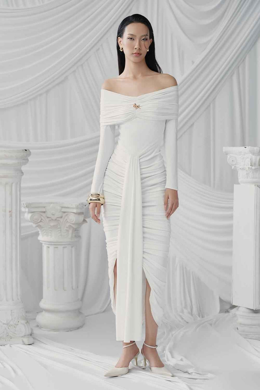 Gabrielle Gathered Extended Flap Cotton Jersey Ankle Length Dress Maxi Dress LaLING