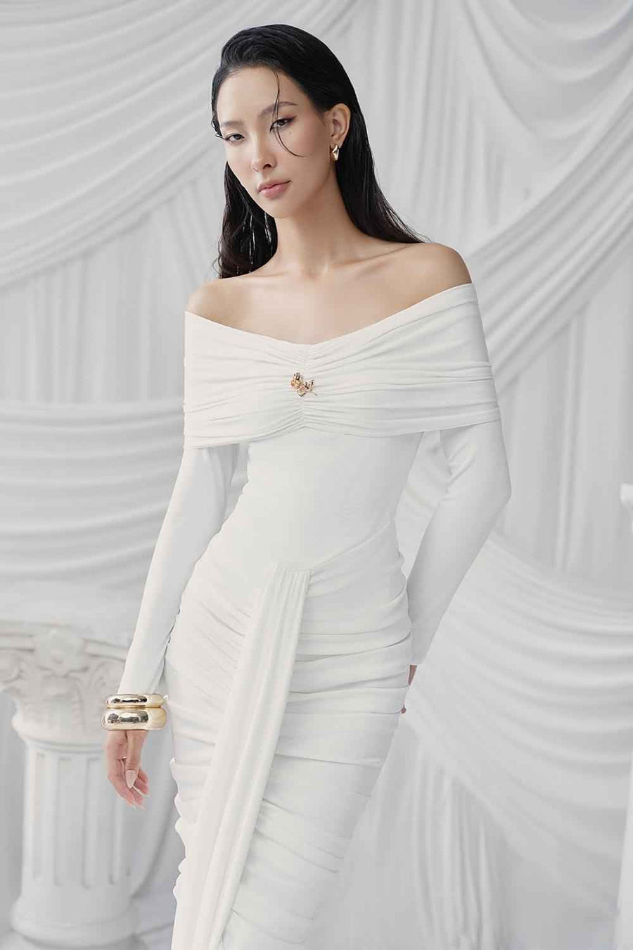 Gabrielle Gathered Extended Flap Cotton Jersey Ankle Length Dress White Maxi Dress LaLING