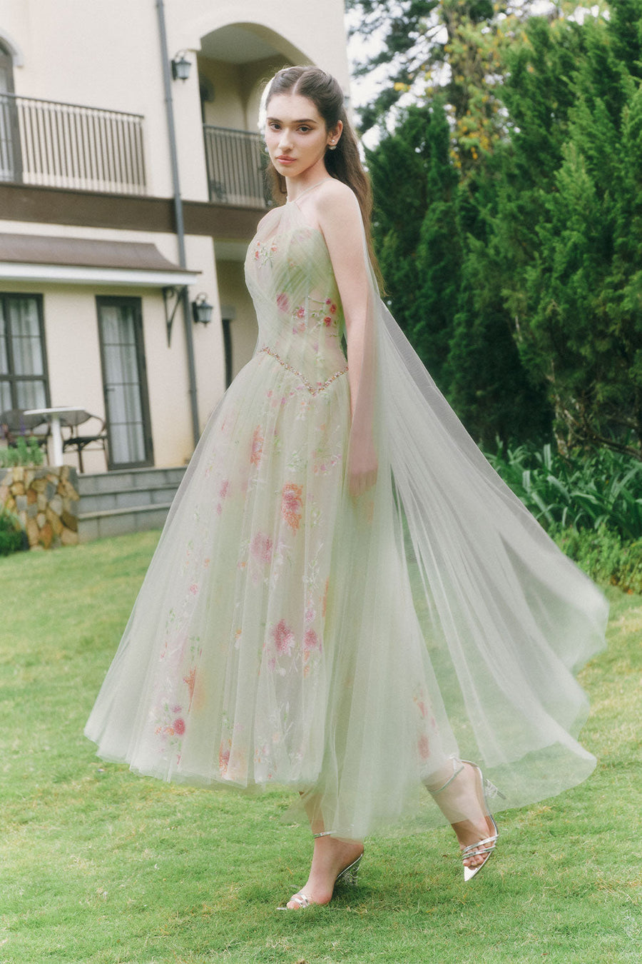 Jarfin A-line Cape Shoulder Tulle Midi Dress Midi Dress LINH PHUNG