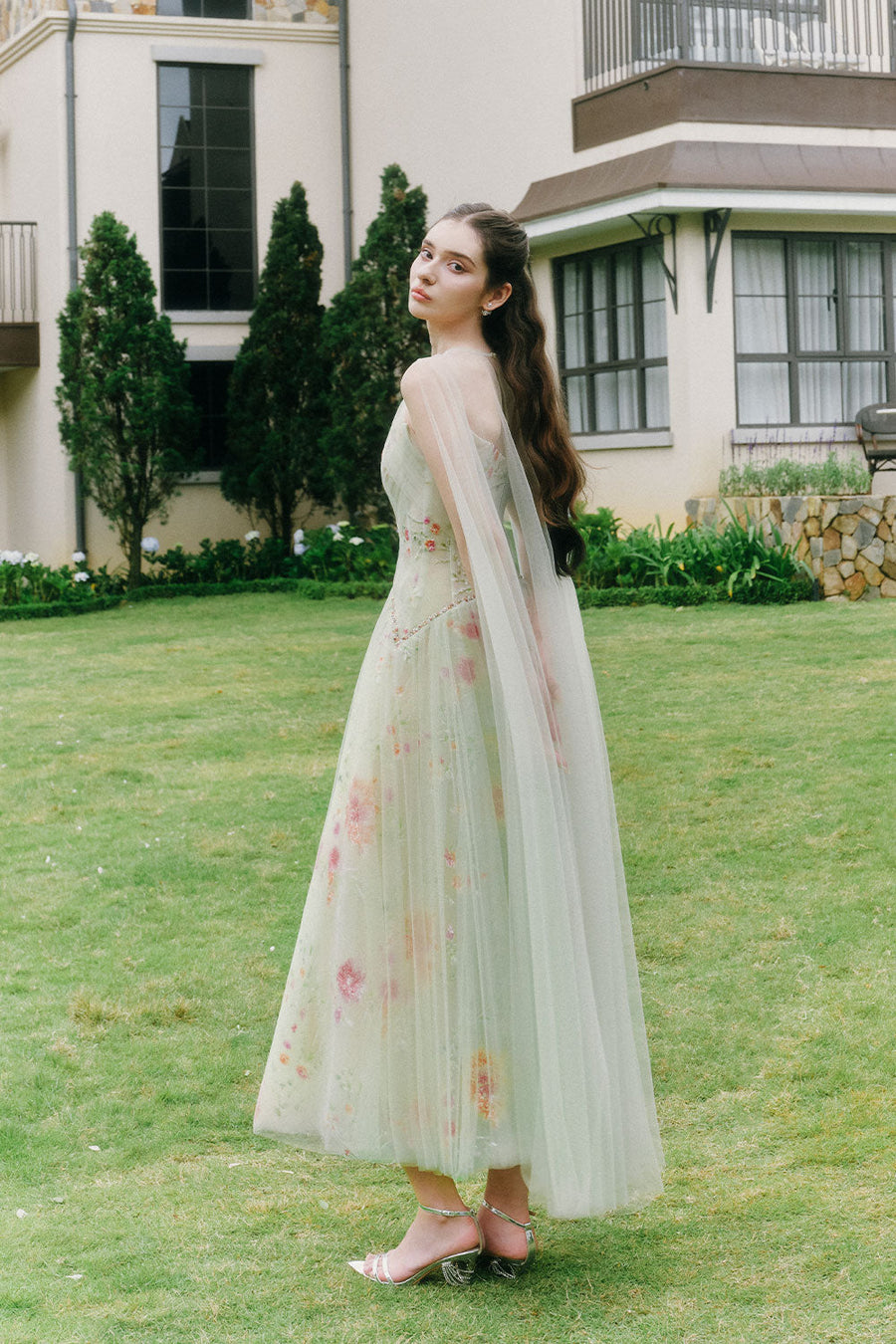 Jarfin A-line Cape Shoulder Tulle Midi Dress Midi Dress LINH PHUNG
