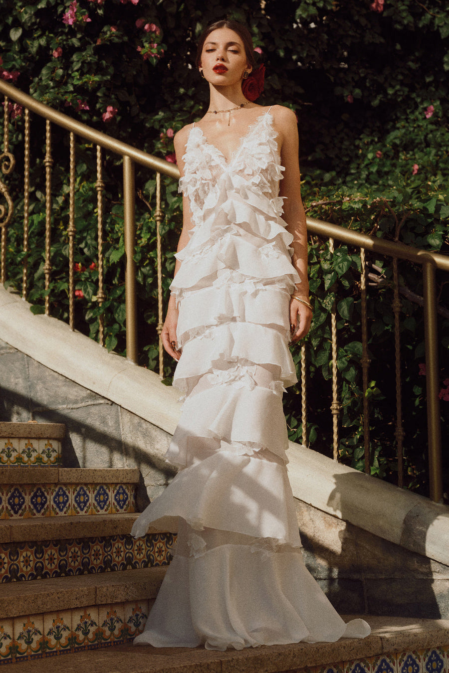 Alejandra Straight Ruffle Layer Crochet Maxi Dress 6