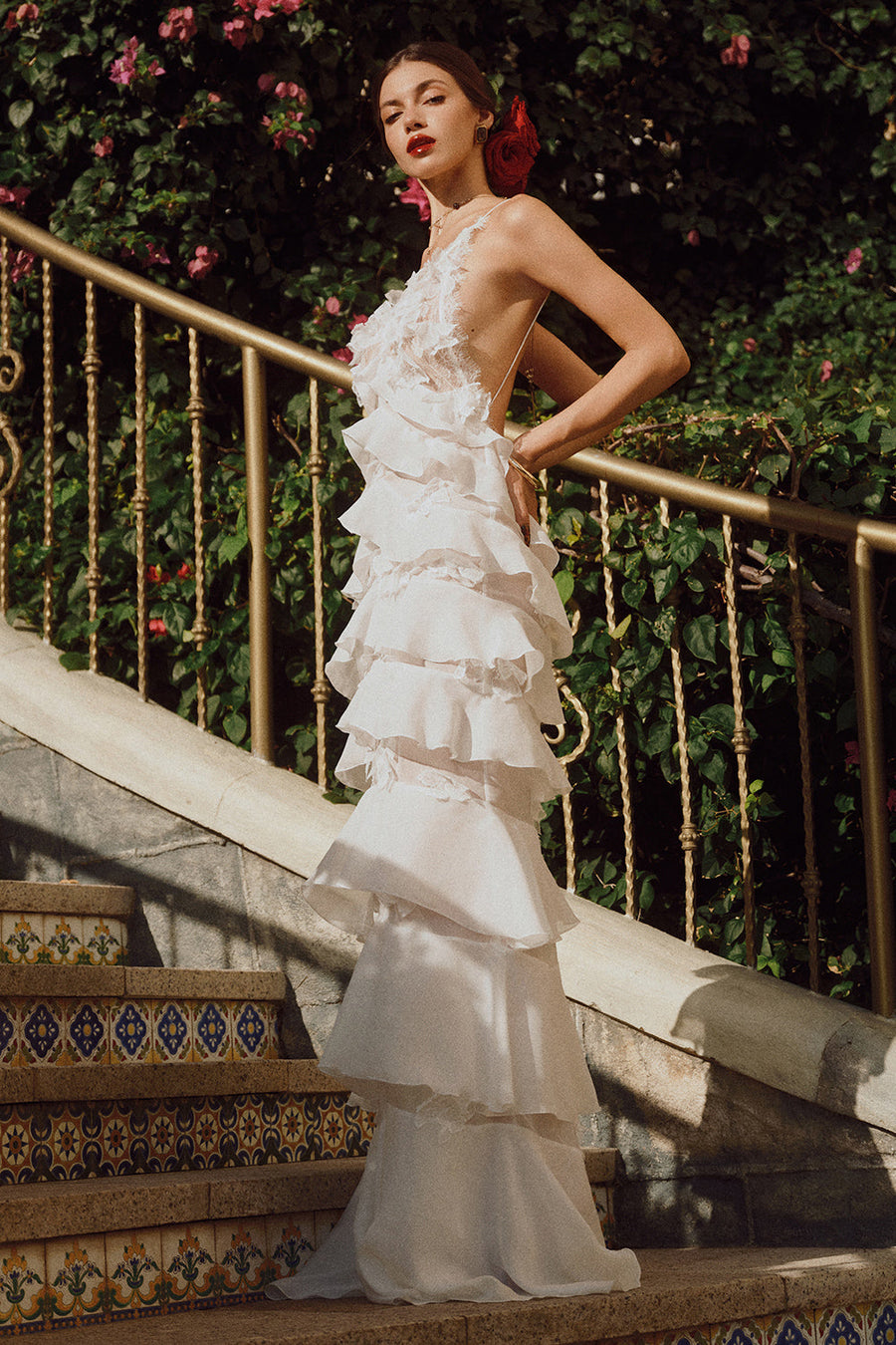 Alejandra Straight Ruffle Layer Crochet Maxi Dress 7