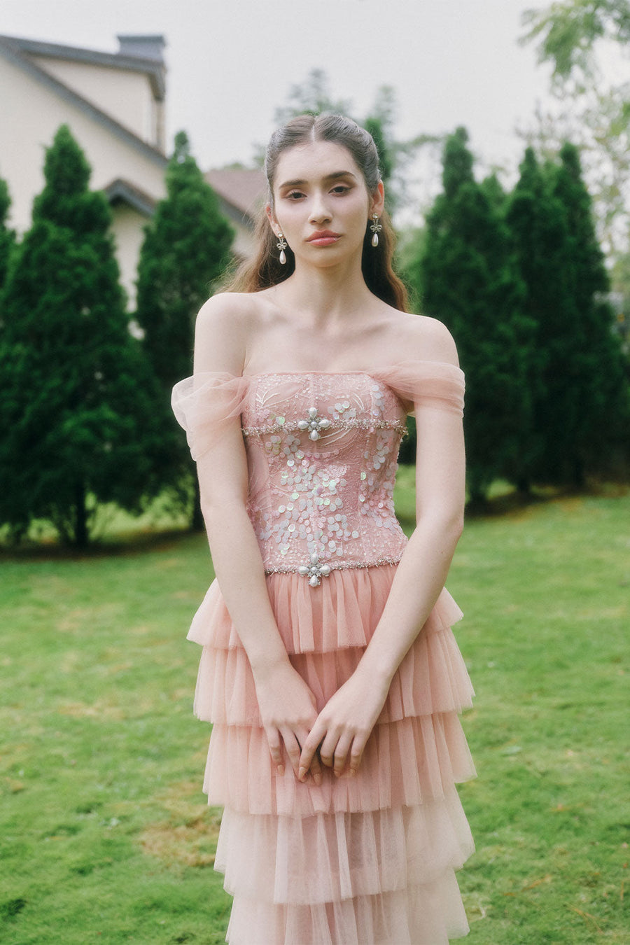 Mirabelle Layered Off-Shoulder Tulle Ankle Length Dress Maxi Dress LINH PHUNG