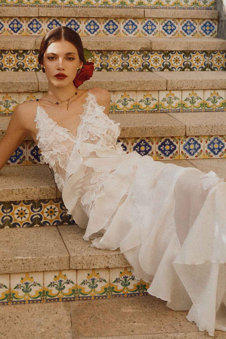 Alejandra Straight Ruffle Layer Crochet Maxi Dress