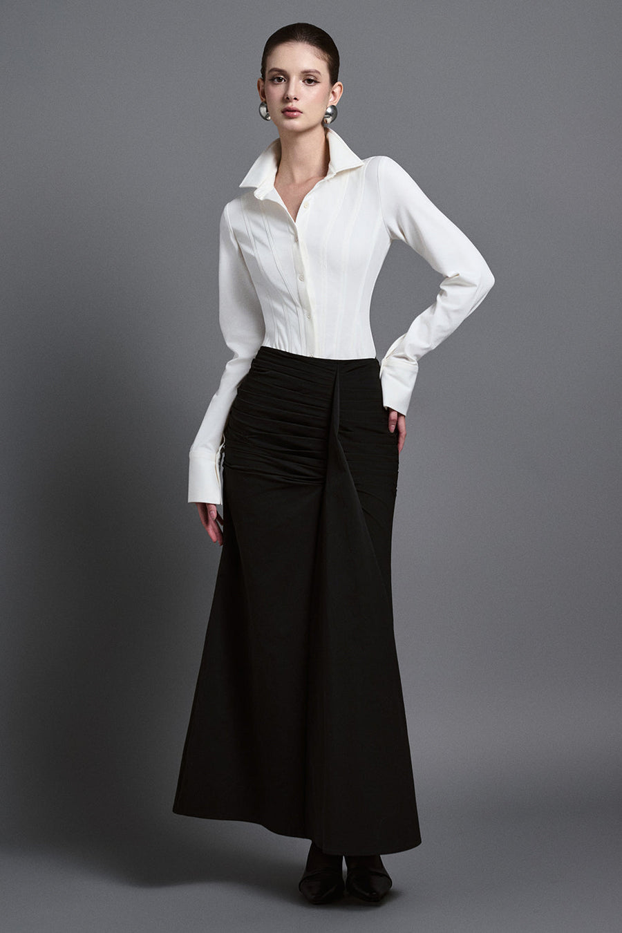Seren Mermaid Draped Khaki Silk Maxi Skirt 1