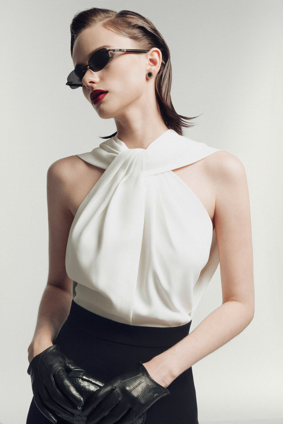 Claude Sheath Halter Neck Crepe Midi Dress 6