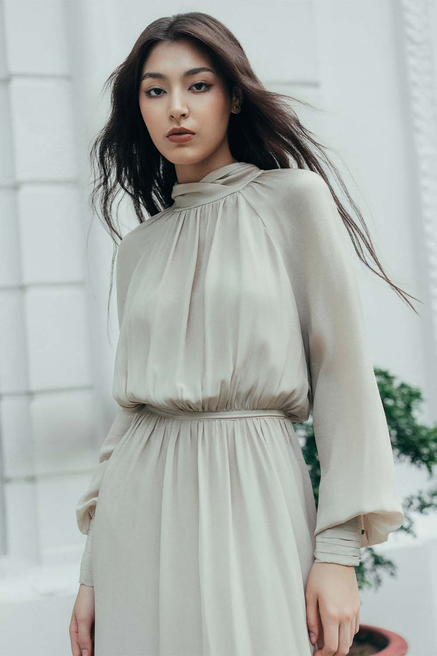 Palma Blouson Cuff Sleeved Crepe De Chine Midi Dress 6