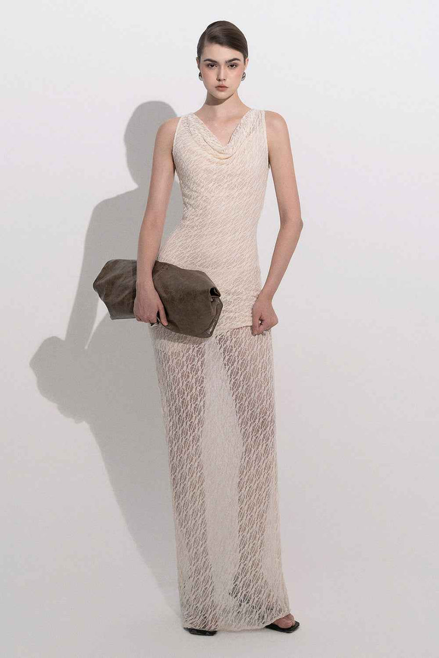 Eleni Sheath Cowl Neck Lace Maxi Dress