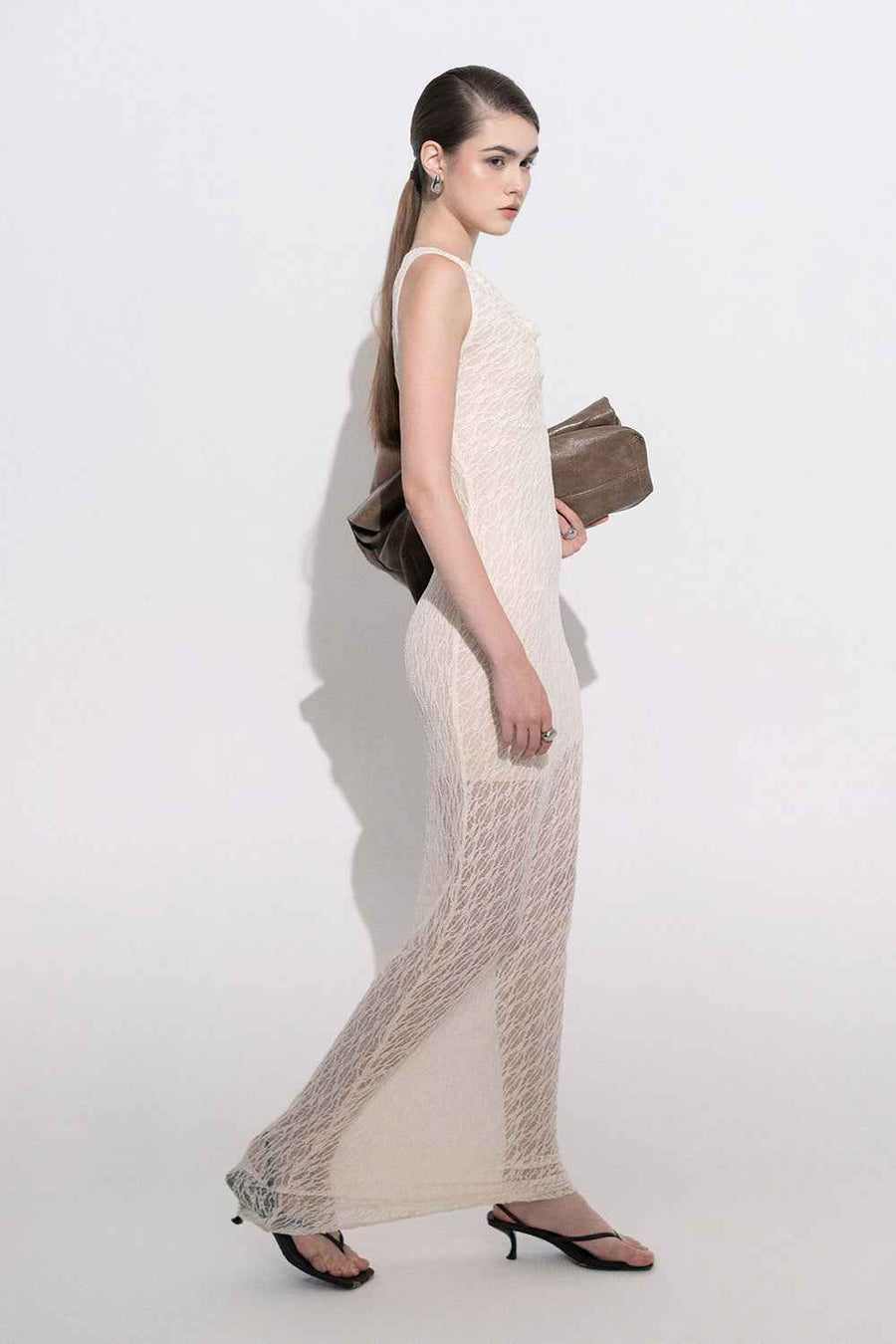 Eleni Sheath Cowl Neck Lace Maxi Dress