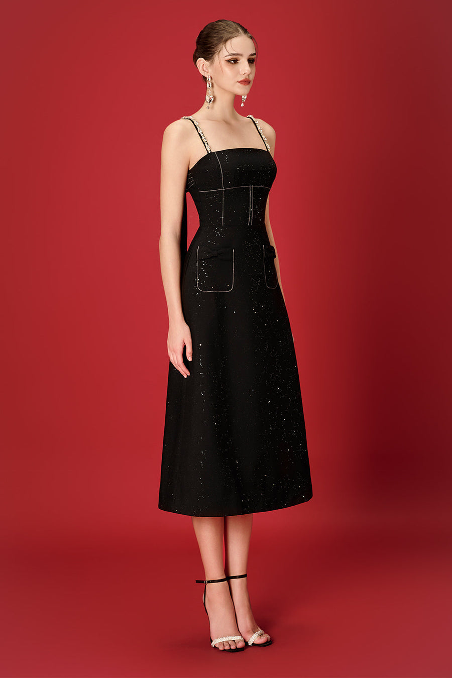 Lestia A-line Camisole Polycotton Calf Length Dress Black Midi Dress NHAT VY