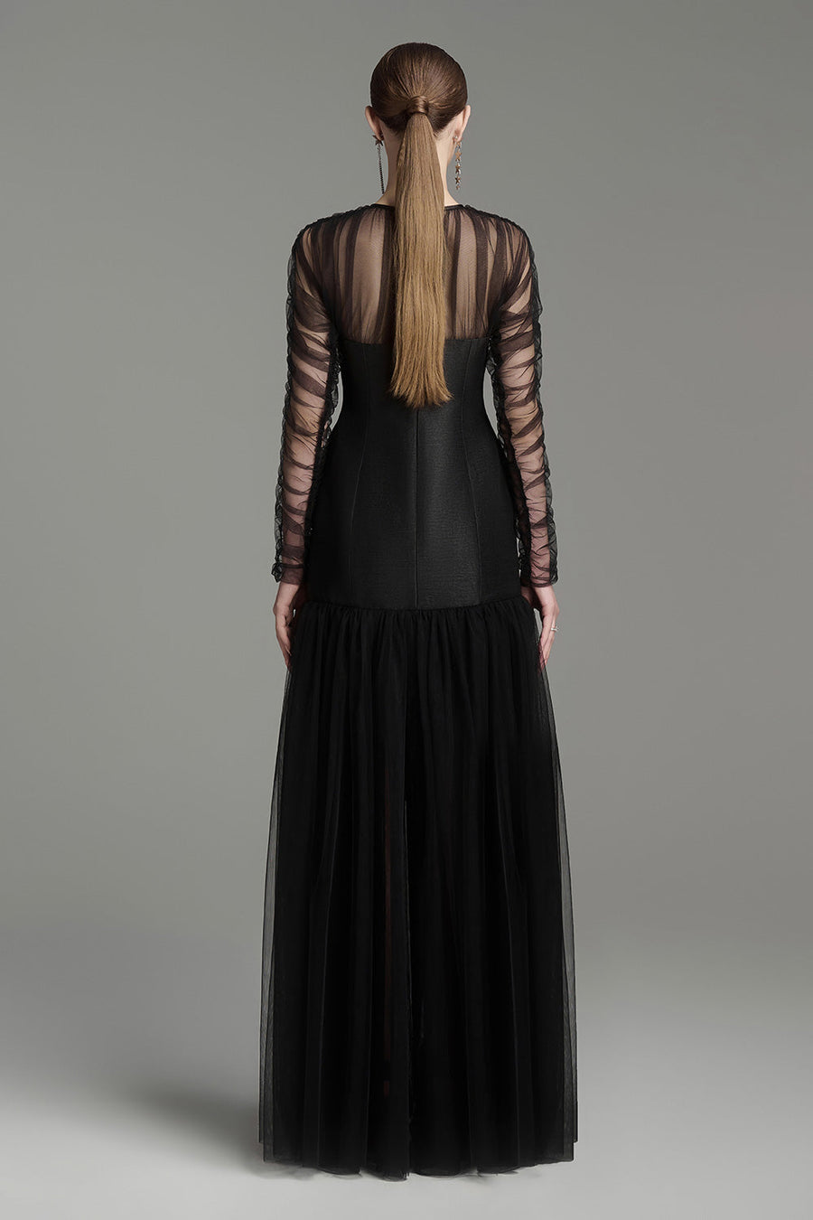Morela Gathered See-Through Tulle Floor Length Dress Maxi Dress Arti Apparel