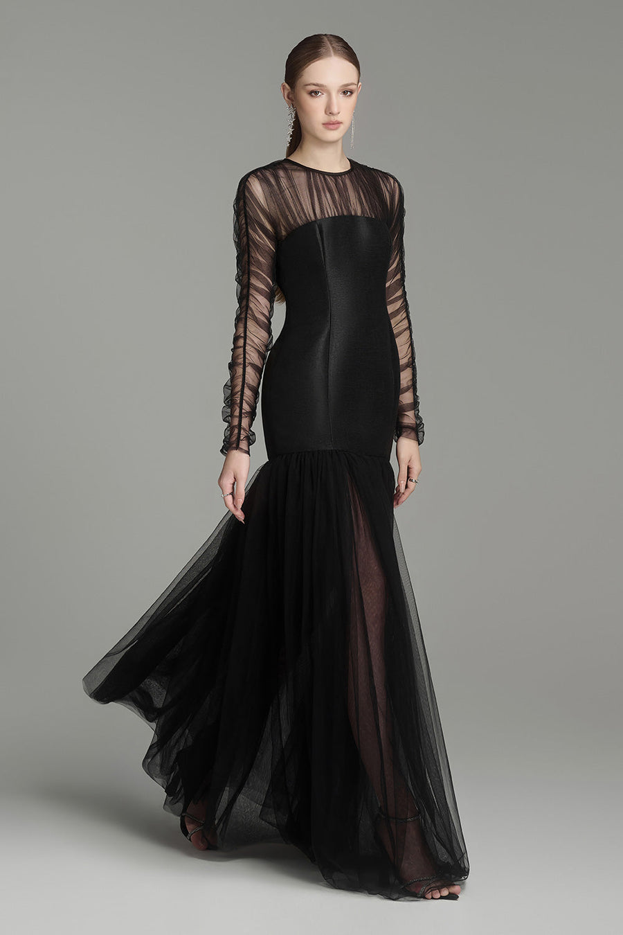 Morela Gathered See-Through Tulle Floor Length Dress Maxi Dress Arti Apparel