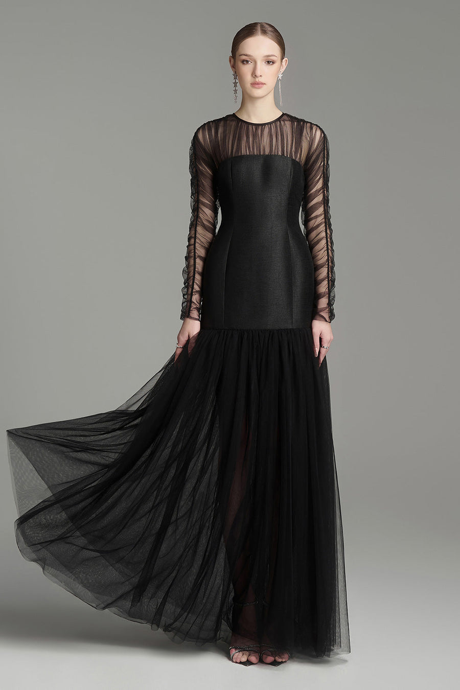 Morela Gathered See-Through Tulle Floor Length Dress Maxi Dress Arti Apparel