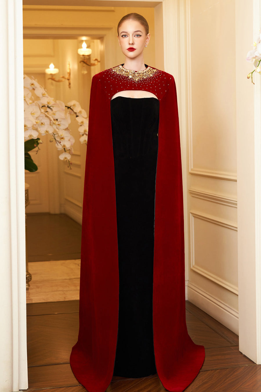 Kallie Sheath Cape Sleeved Velvet Floor Length Dress Gown Dress I.H.F Atelier