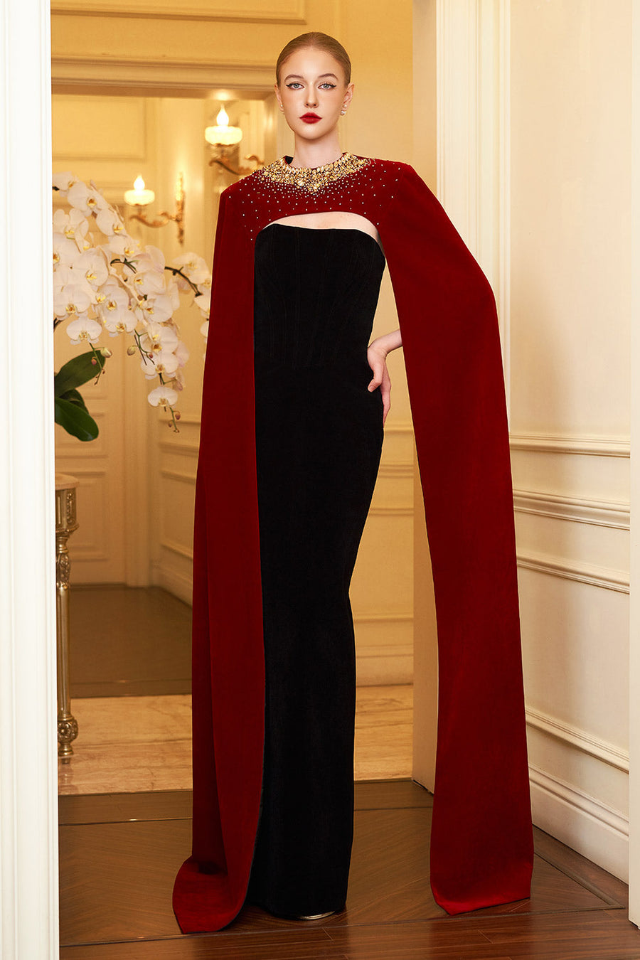 Kallie Sheath Cape Sleeved Velvet Floor Length Dress Gown Dress I.H.F Atelier