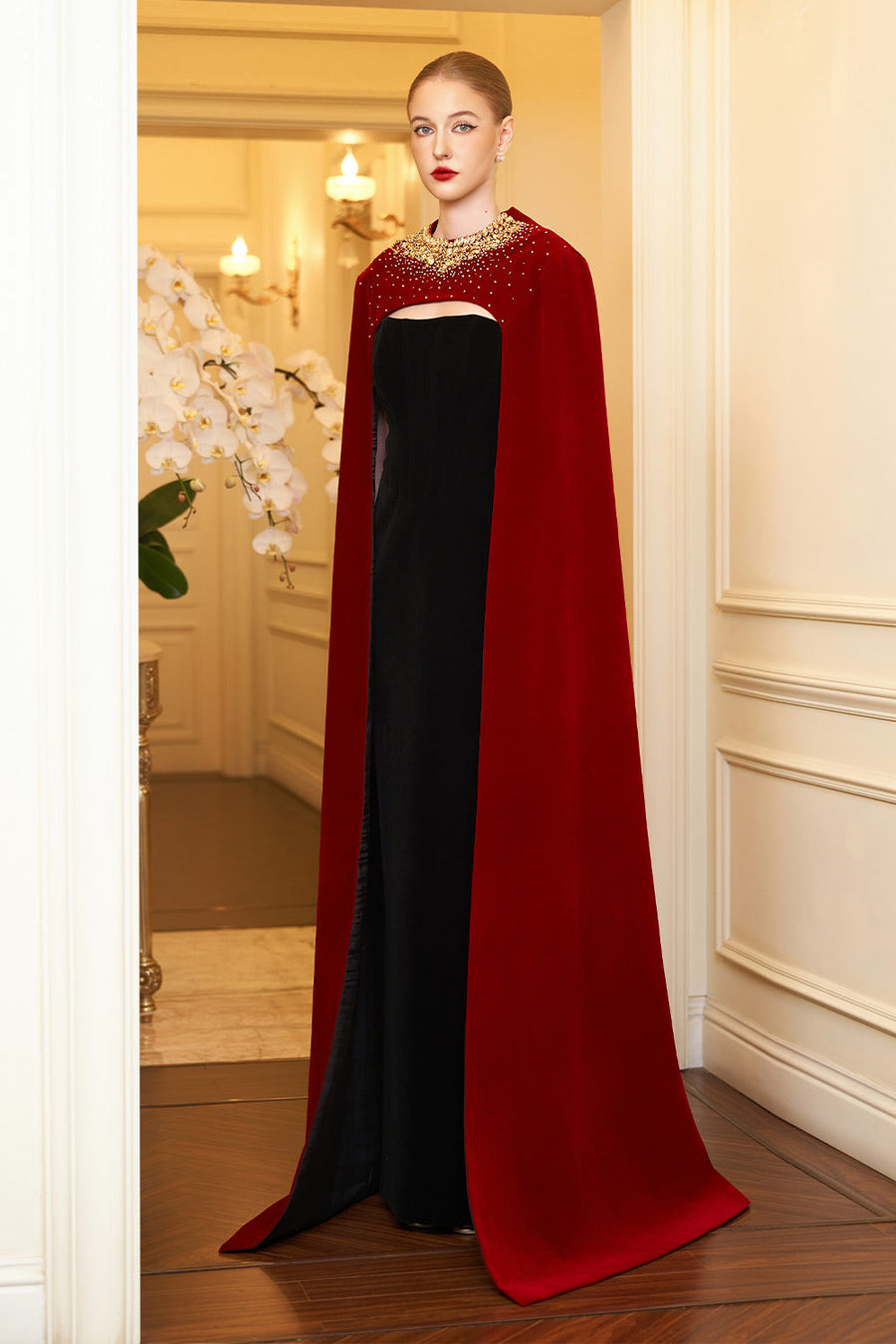 Kallie Sheath Cape Sleeved Velvet Floor Length Dress Gown Dress I.H.F Atelier