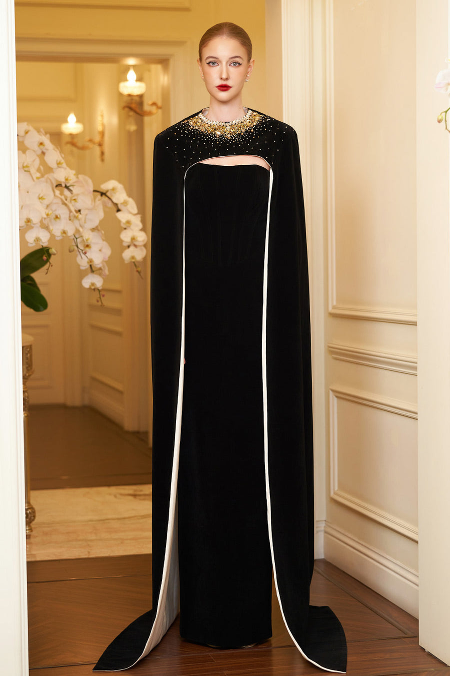 Kallie Sheath Cape Sleeved Velvet Floor Length Dress Gown Dress I.H.F Atelier
