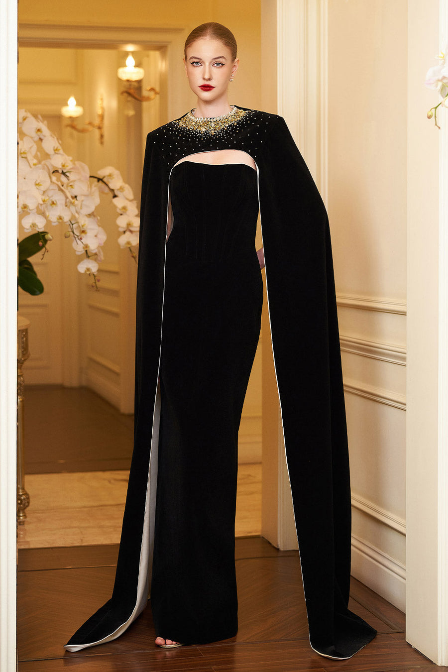 Kallie Sheath Cape Sleeved Velvet Floor Length Dress Gown Dress I.H.F Atelier