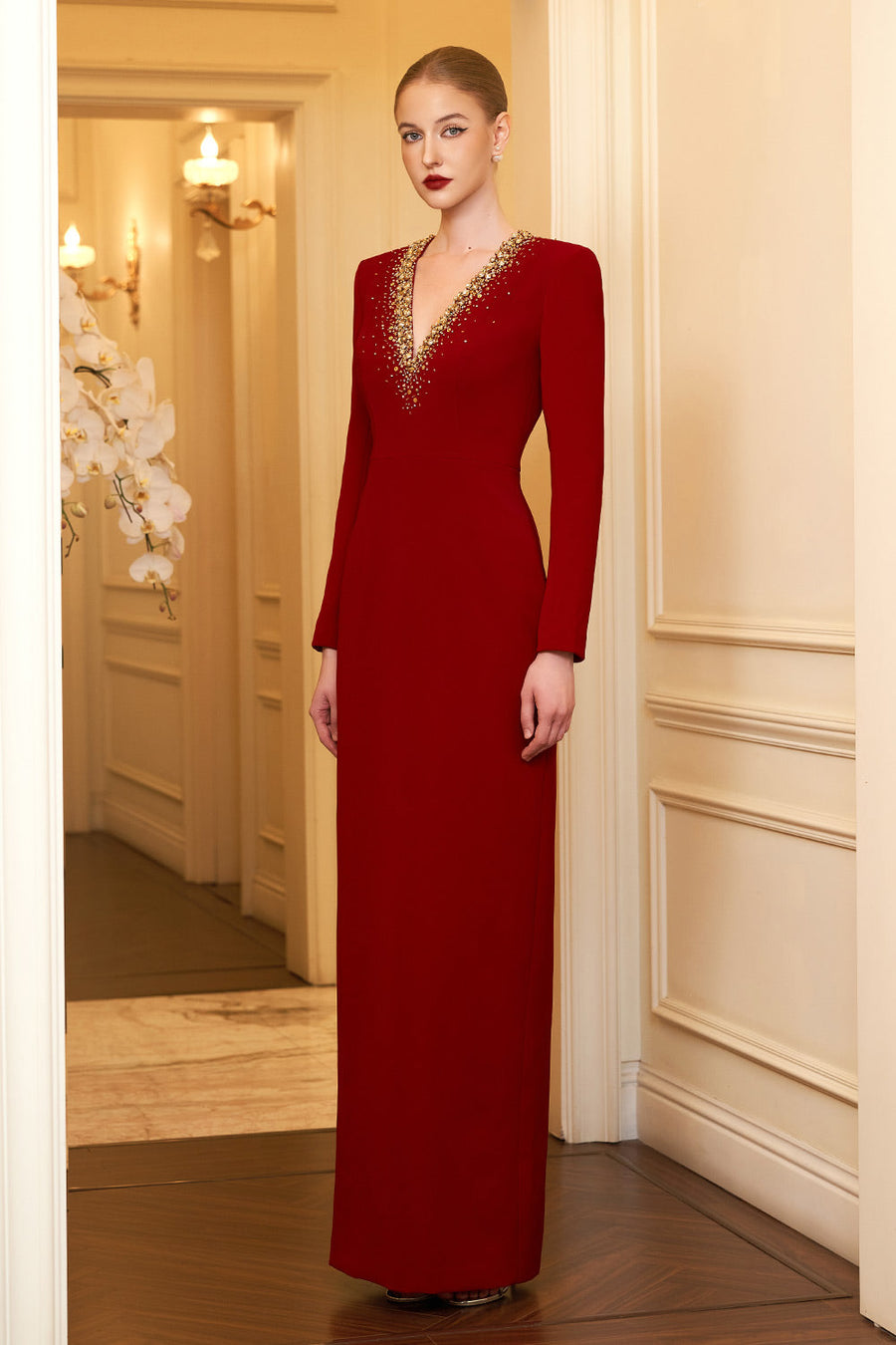 Paris Sheath Plunge Neck Crepe Floor Length Dress Gown Dress I.H.F Atelier