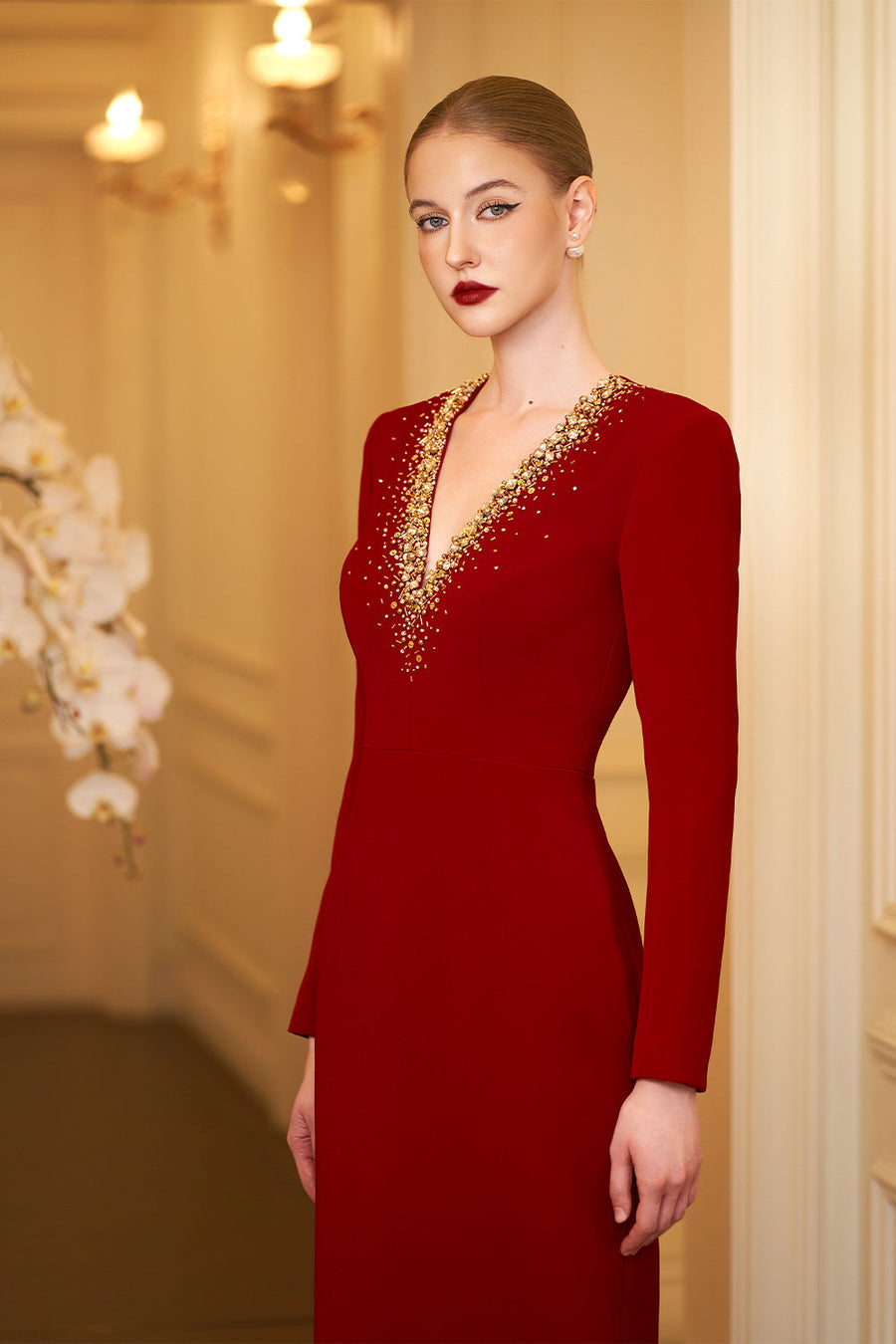 Paris Sheath Plunge Neck Crepe Floor Length Dress Gown Dress I.H.F Atelier