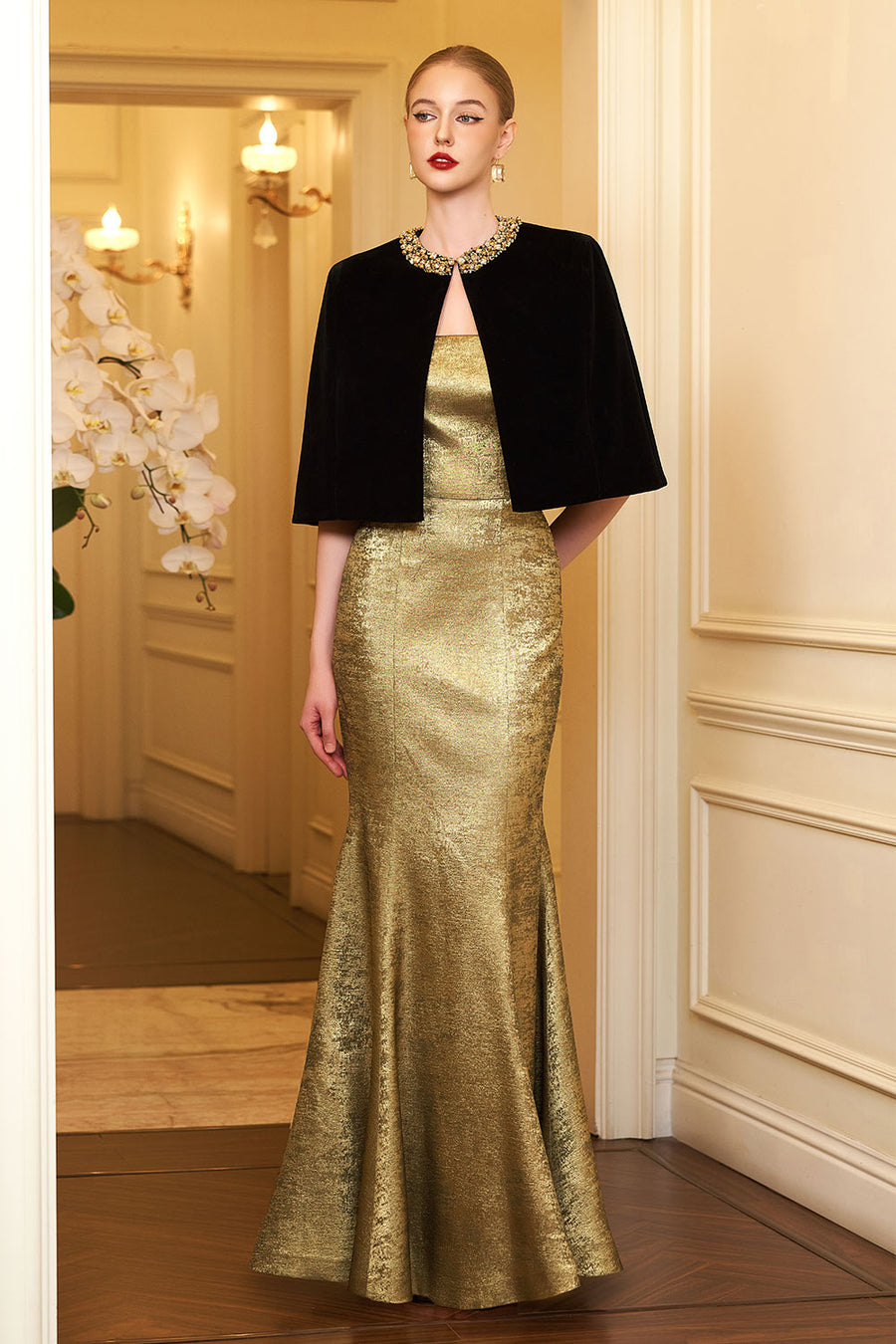 Vera Mermaid Cape Shoulder Silk Floor Length Dress Gown Dress I.H.F Atelier