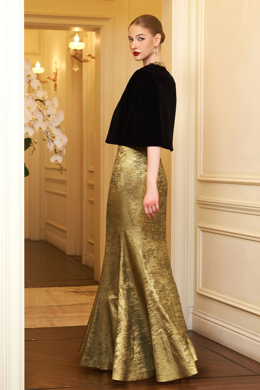 Vera Mermaid Cape Shoulder Silk Floor Length Dress Gown Dress I.H.F Atelier
