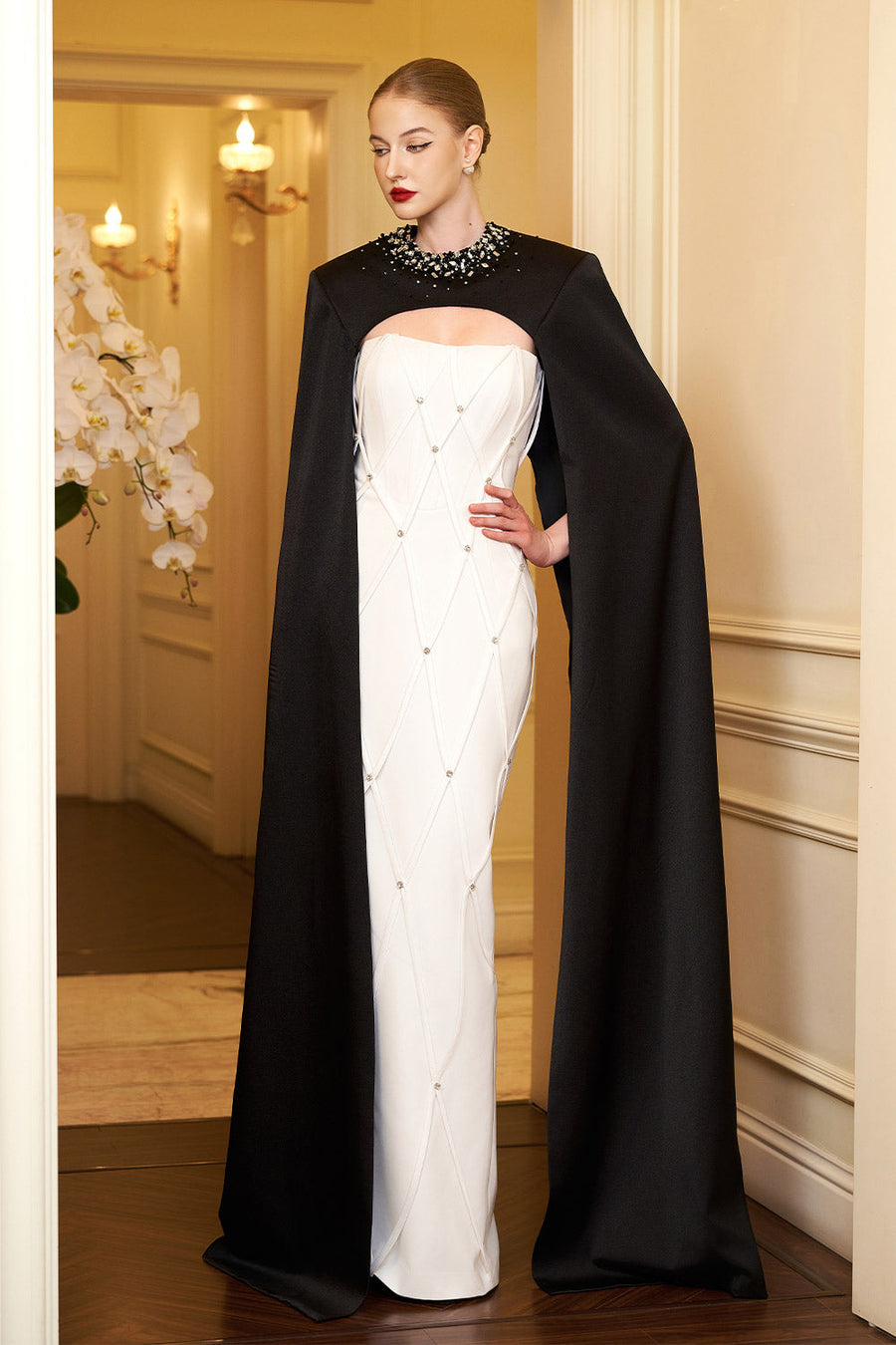 Arya Sheath Cape Shoulder Silk Crepe Floor Length Dress Gown Dress I.H.F Atelier
