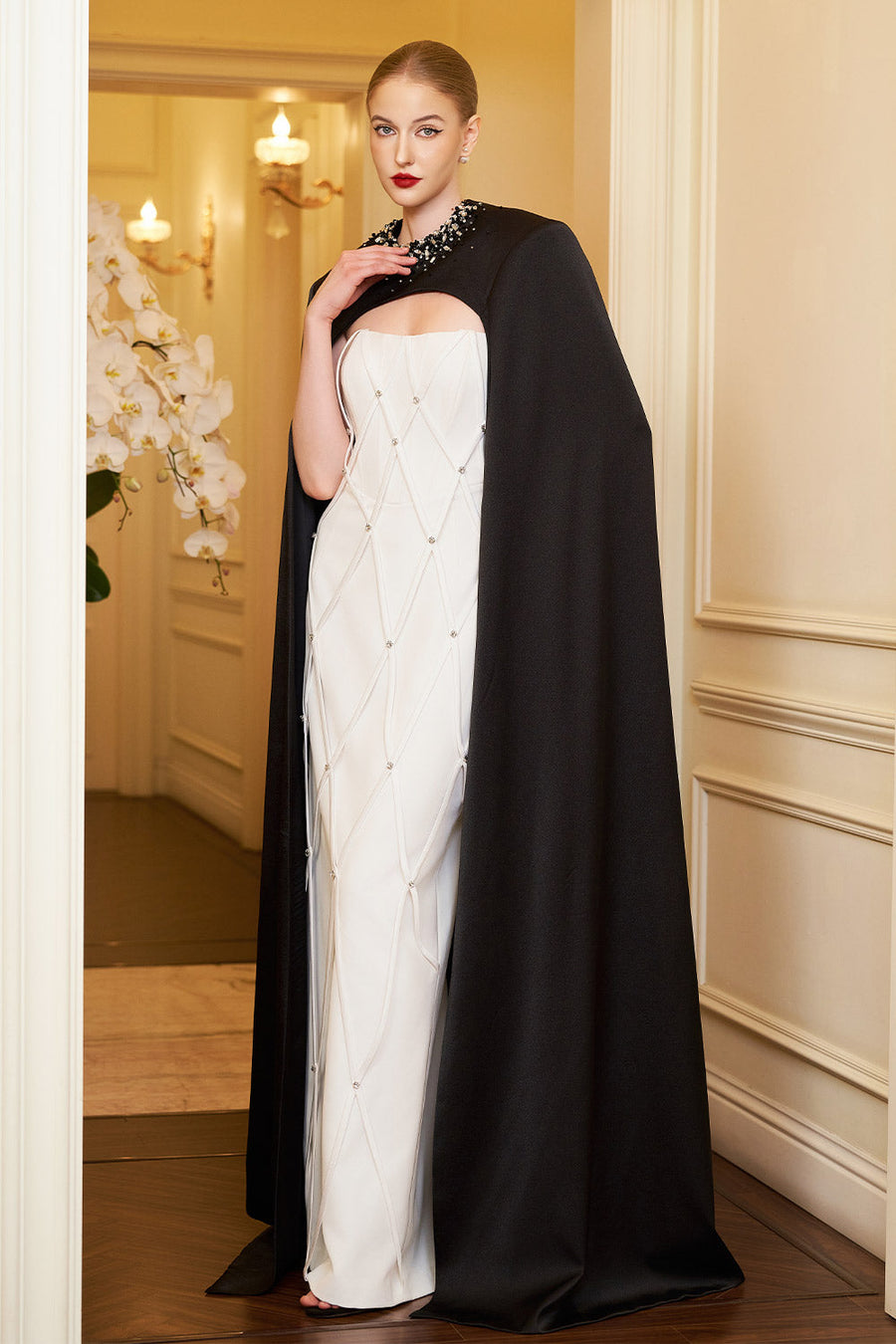 Arya Sheath Cape Shoulder Silk Crepe Floor Length Dress Gown Dress I.H.F Atelier