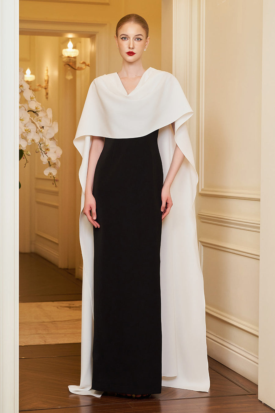 Autumn Cape V-Neck Crepe Floor Length Dress Gown Dress I.H.F Atelier