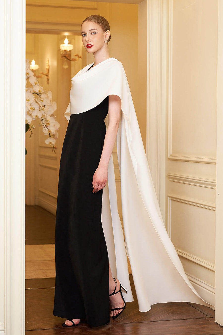 Autumn Cape V-Neck Crepe Floor Length Dress Gown Dress I.H.F Atelier