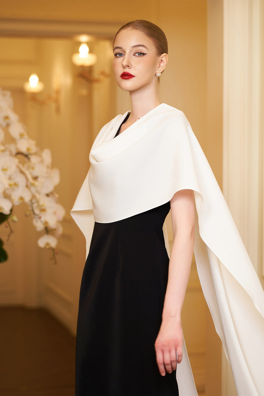 Autumn Cape V-Neck Crepe Floor Length Dress Gown Dress I.H.F Atelier
