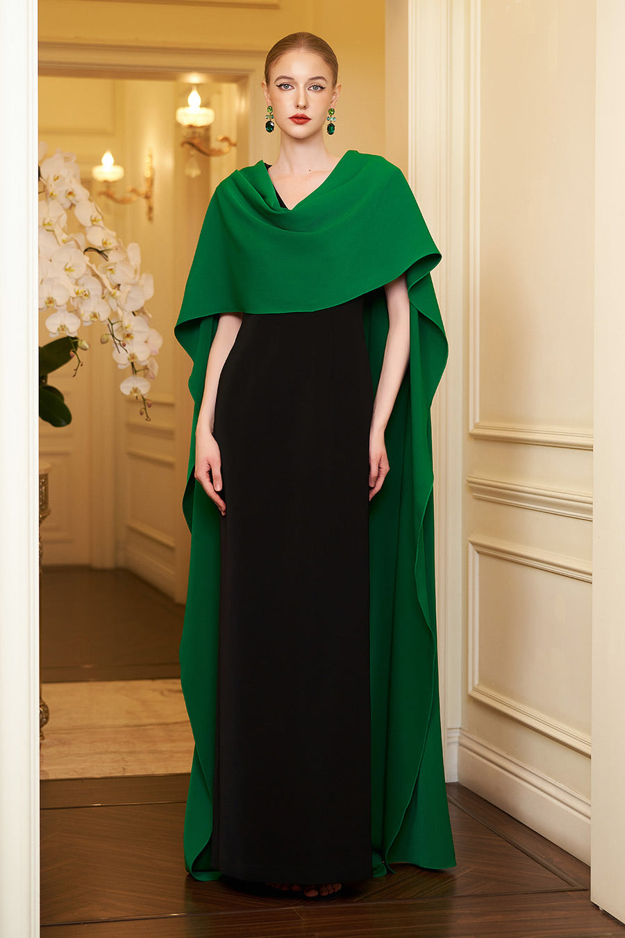 Autumn Cape V-Neck Crepe Floor Length Dress Gown Dress I.H.F Atelier