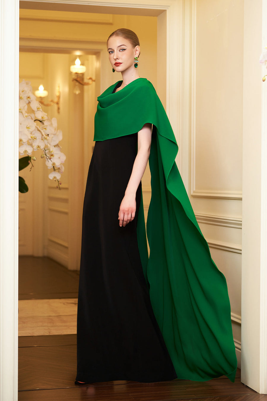 Autumn Cape V-Neck Crepe Floor Length Dress Gown Dress I.H.F Atelier