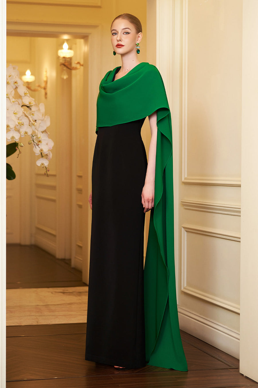 Autumn Cape V-Neck Crepe Floor Length Dress Gown Dress I.H.F Atelier