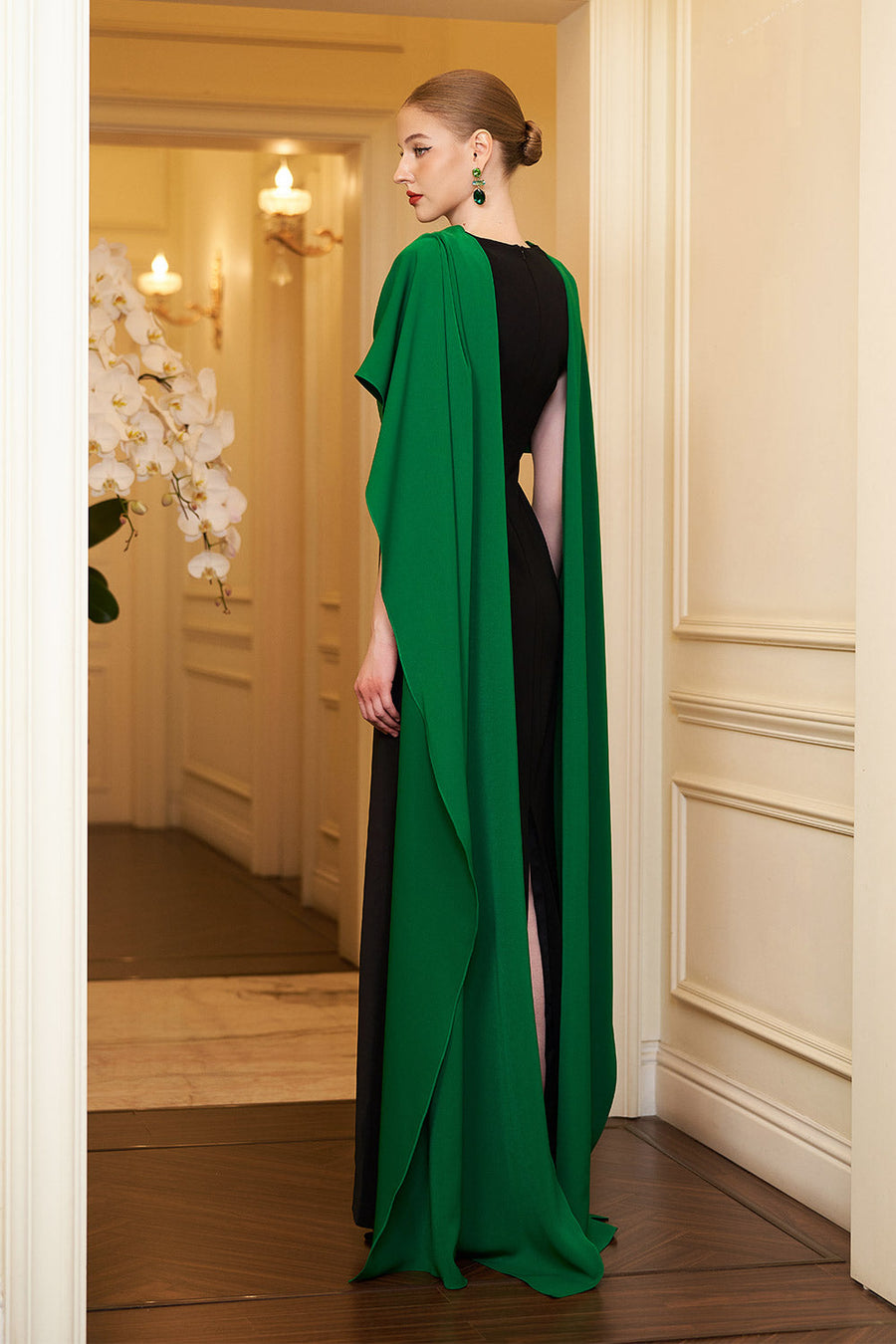 Autumn Cape V-Neck Crepe Floor Length Dress Gown Dress I.H.F Atelier