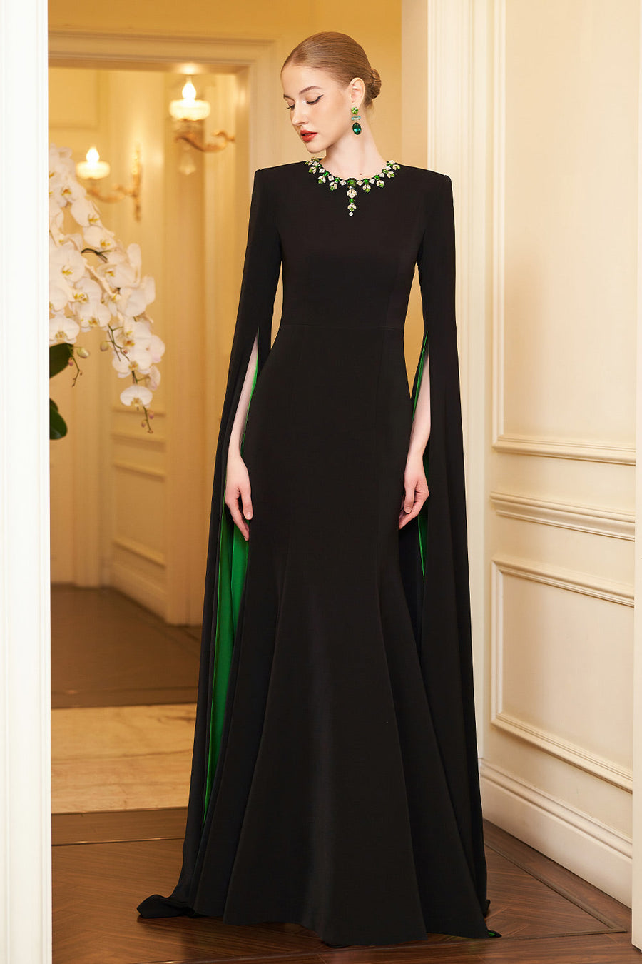 Eleanor Trumpet Hanging Sleeved Silk Crepe Floor Length Dress Gown Dress I.H.F Atelier