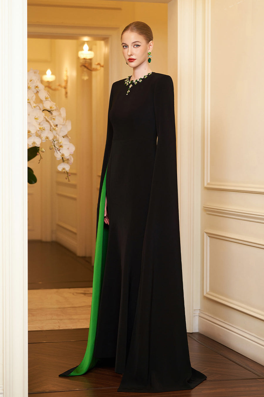 Eleanor Trumpet Hanging Sleeved Silk Crepe Floor Length Dress Gown Dress I.H.F Atelier