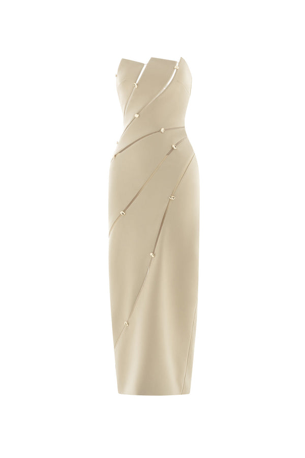 Tranquil Sheath Sleeveless Khaki Calf Length Dress 1
