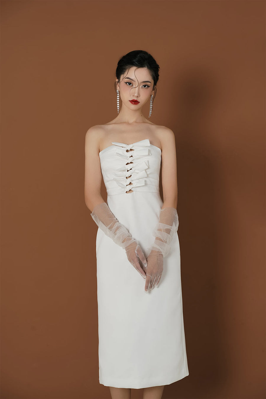 Bowny A-line Straight Across Neck Taffeta Midi Dress 6