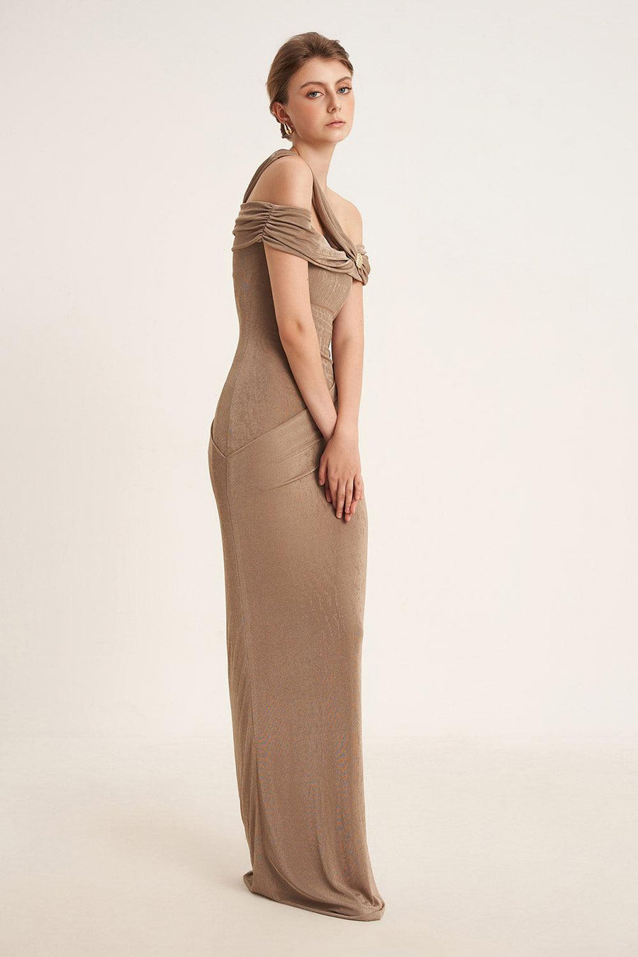 Plumeria Sheath Cold Shoulder Sleeved Elastic Cotton Floor Length Dress 4