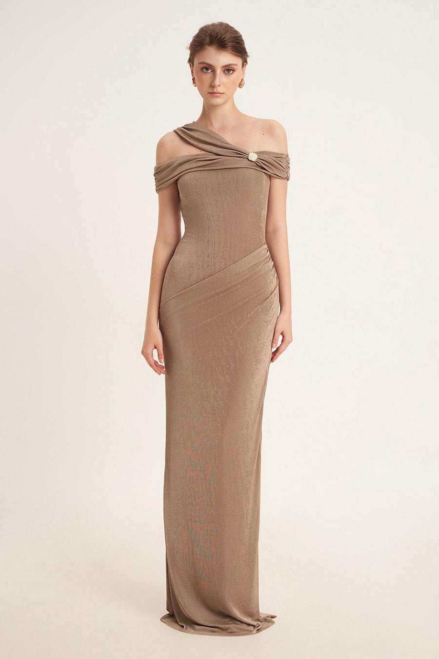 Plumeria Sheath Cold Shoulder Sleeved Elastic Cotton Floor Length Dress 3