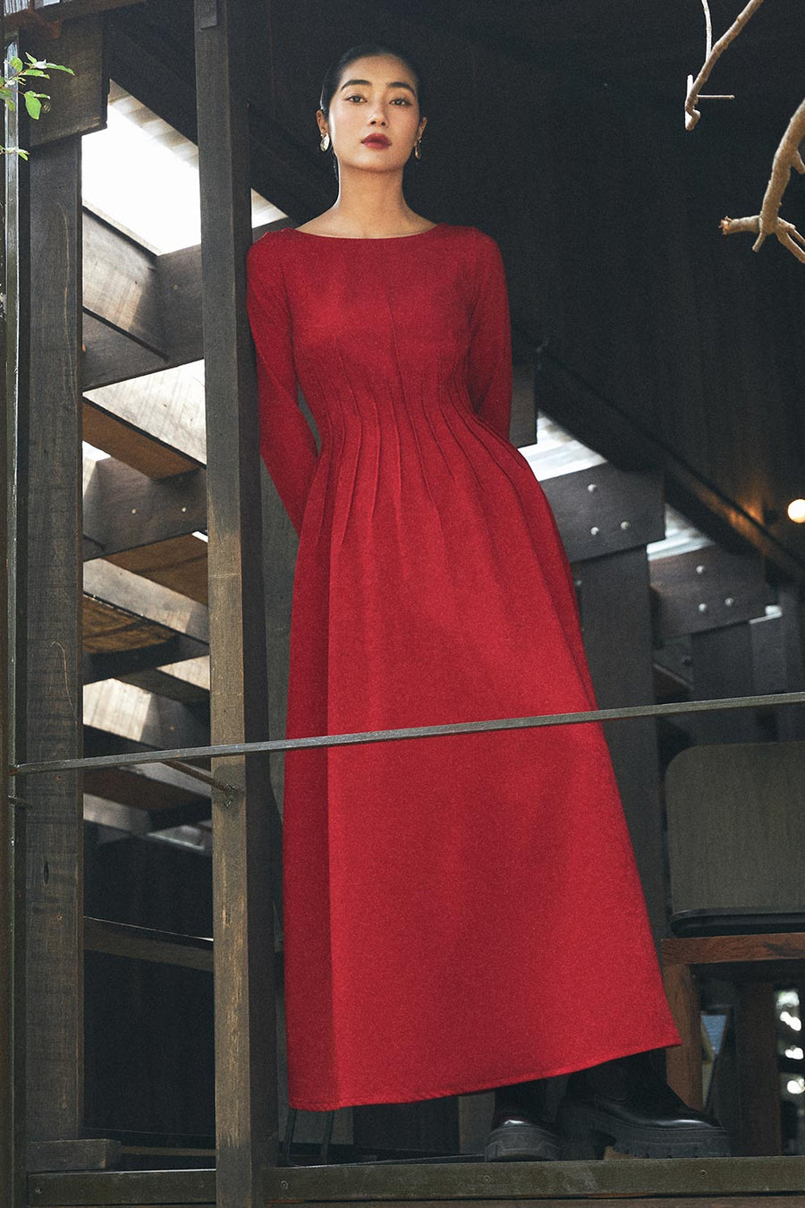 Kaliyah A-line Long Sleeved Spandex Velvet Midi Dress 7