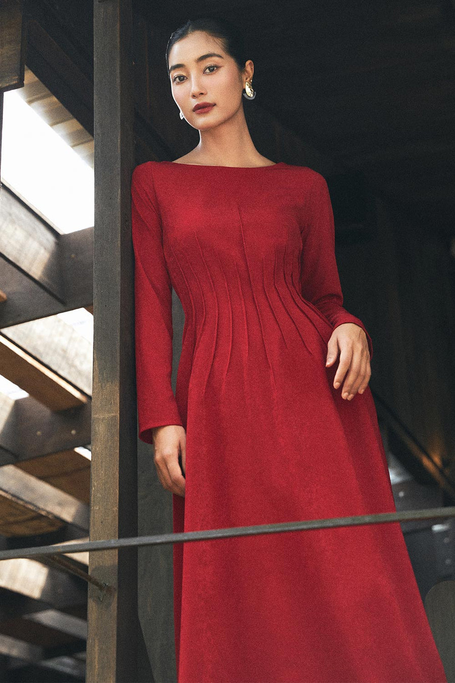 Kaliyah A-line Long Sleeved Spandex Velvet Midi Dress 8